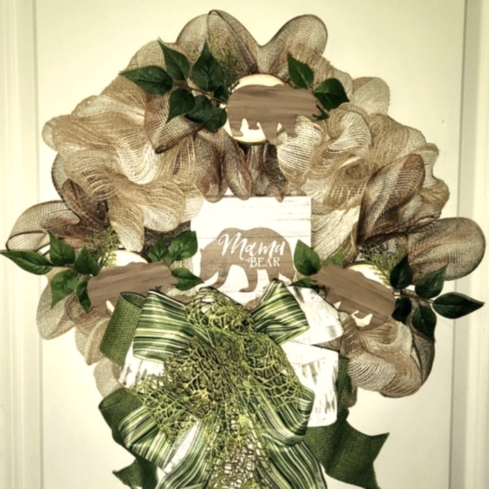 Artisan Moma Bear Wreath Jute Deco Mesh Bow Wood Cabin Farmhouse Mom Gift